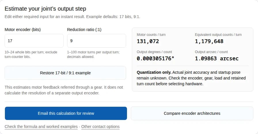 Absolute encoder QDD motor calculator with 17 bits and 9:1 reduction producing 1.09863 arcseconds per output count